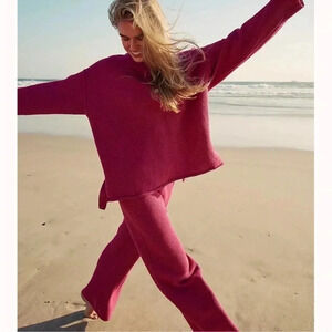 NWT Free People Hailee Sweater Set Two Piece in Ivory Heather Raspberry Pink